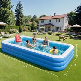 Benass Inflatable Pool for Kids and Adults, 142" x 71" x 21" Blow Up Pools, Rectangular Family Swimming Pool