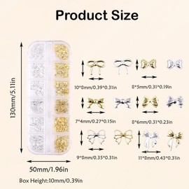 YAISUHCHNYE 3D Bows Nail Charms 1 Boxes 12 Grids Metal Bowknot Nail Gems Golden Silver Bows Nail Studs for Nail Decoration DIY Crafts