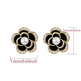 Floral Pearl Earrings with Black Enamel, 14K Gold Plated Flower Stud Earrings for Women Camellia Black Earrings Cute Pearl Earrings