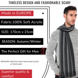 LOVARZI Men's Scarf Black & Grey Knitted Mens Scarves Striped- Warm Winter Men Scarfs - Designer Long Neck Scarves For Man : Present Ideas: Gifts for Teenage Boys, Father, Brother, Son & Friend