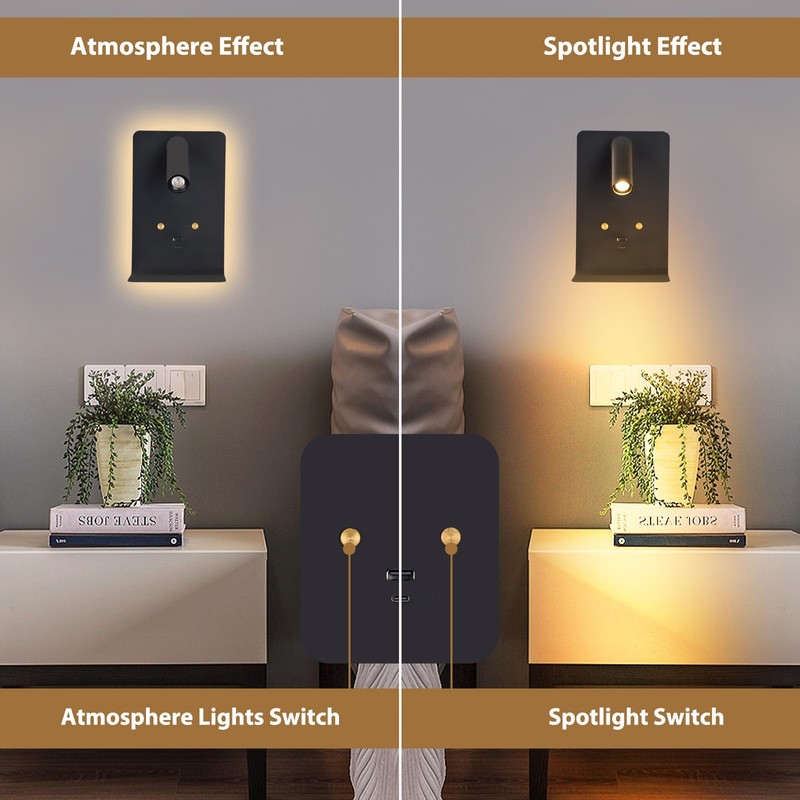 ZEROUNO Modern Wall Mounted Reading Lights Plug in, Black Headboard