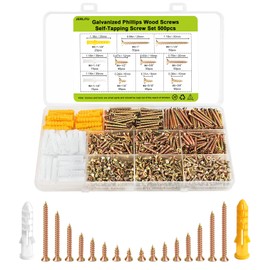 M3 Small Screws Set, Wood Screws Assortment Kit, 500pcs Tiny Phillips Flat Head Self-Tapping Screws, Yellow Zinc Plated Finish, Cabinet Hinge Screws, Carbon Steel, Contains 50pcs M6 Screw Anchors