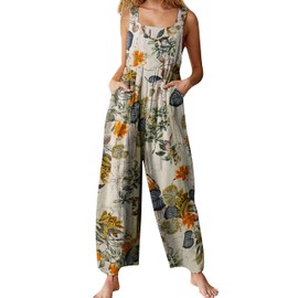 Fiona Jolin Overalls Women Summer Boho Floral Loose Wide Leg Jumpsuits with Pockets Patchwork Bib Overalls (#2 Yellow, Small)