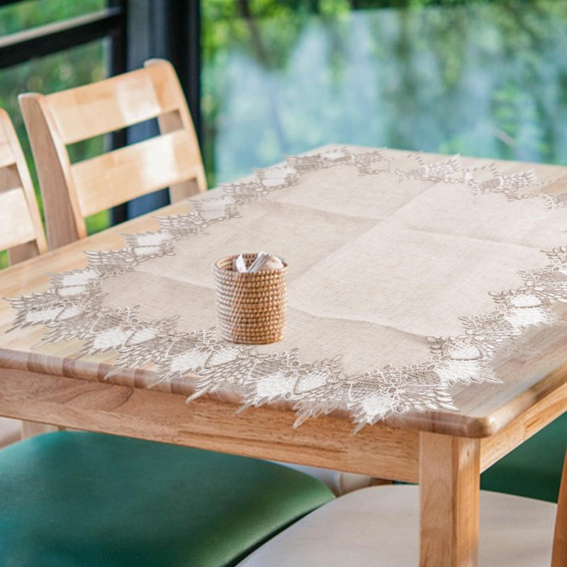 URROMA Linen Round Beige Table Cover with Lace Trim,Table Decor