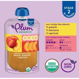 Plum Organics Stage 2 Organic Baby Food - Peach, Banana, and Apricot - 4 oz Pouch (Pack of 6) - Organic Fruit and Vegetable Baby Food Pouch