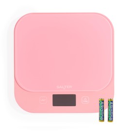 Salter British Bakes Digital Kitchen Scale – Pink Baking Scale with High 10kg Capacity, Measures Liquids, Waterproof, Add & Weigh Tare Function, Tempered Glass Platform, 1g Precision, Backlit Display
