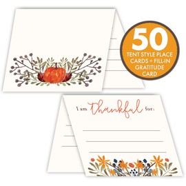 Koko Paper Co 2 in 1 Pumpkin Harvest Thanksgiving Place Cards and Fill-in Gratitude Cards (50 Count) | Printed on Heavy Card Stock | No Holder Necessary
