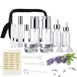 18Pack Glass Travel Bottles for Toiletries, TSA Approved Glass Travel Containers 1.35/0.7/1 oz Silver Small Travel Bottles with Label, BPA Free Leak Proof with Pump Spray Bottles for Makeup, Skincare