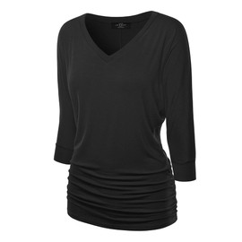Made By Johnny MBJ WT1036 Womens V Neck 3/4 Sleeve Dolman Top with Side Shirring M Black