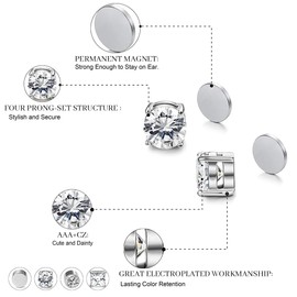 WOZNU 4 Pairs Stainless Steel Magnetic Stud Earrings for Men Women Non Piercing CZ Hypoallergenic Non-Piercing Clip On Earrings Zirconia 6 mm