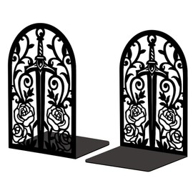 Peacoblue Metal Bookend Stopper Holder Stand for Shelves Decorative, 13.5x11x20 Modern Creative Heavy Duty Study Book End for Desk Shelf, 1 Pair (Sword with Vine and Rose)