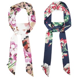 Lujuny 2 Pc Handbag Handle Wrap Chiffon Silk Scarf - Skinny Long Thin Ribbon Hair Band for Women Girls, 78.0 inch (Flower)