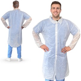 25 Pack White Polypropylene Lab Coats 3XL Size. No Pockets, 4 Snaps, Elastic Wrists. Disposable Breathable Labcoats. Industrial Grade Visitor Coats for General Use, Cleaning, Manufacturing.