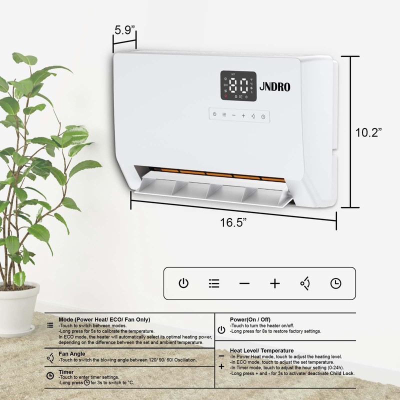 Wall-Mounted Space Heater with ECO Thermostat and Remote Control, LED