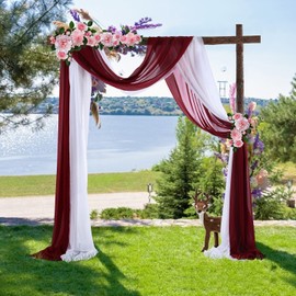 Wedding Arch Drapes Chiffon Fabric Drapery 18Ft Arch Drapping Fabric Sheer Backdrop Curtain Decoration for Bridal Ceremony Reception Party Outdoor Indoor Decor (2 Panels, White & Burgundy)