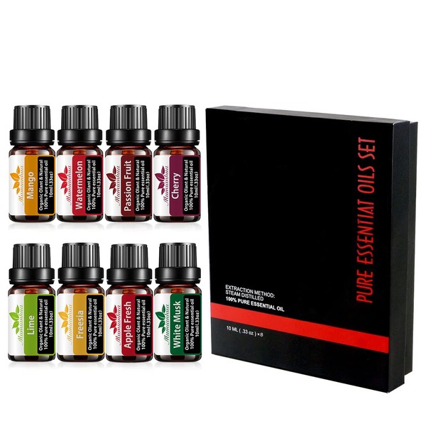 Essential Oil Sets Organic Plant & Natural 100% Pure Grade Oils with Mango,Watermelon,Passion Fruit,Cherry,Lime,Freesia,Apple,White Musk - 8 Pack x10ML