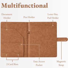 Mymazn Padfolio Portfolio Binder, Faux Leather Interview Resume Folder with Document Organizer & Business Card Holder, Letter-Sized Notepad Legal Pad Holder for Women Men (Light Brown)