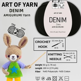 Art of Yarn Denim 55% Cotton,45% Poliacrylic, 4 Skeins Total 200gr (7,055 oz),640m (699 yds),Soft & Smooth Yarn Sport – Fine(2) for Crocheting, Knitting, Amigurumi, Baby Blankets, Baby Garments 99953