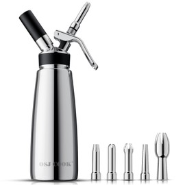 OSJCOOK Whipped Cream Dispenser Stainless Steel Cream Whipper Mirror Finish,500 mL/1 Pint Professional Cream Maker,5 Various Stainless Decorating Nozzles,1 Cleaning Brush,N2O Chargers NOT included