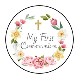60 Pcs Floral First Communion Stickers - Labels - Envelope Seals - Stamps - 1.5" - Round - Sticker for Cards Gifts Letters Favors