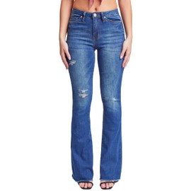 YMI Women's High-Rise Flare Bell Bottom Jean with Distressed Hem - Tall Long Inseam 34", N2073,9