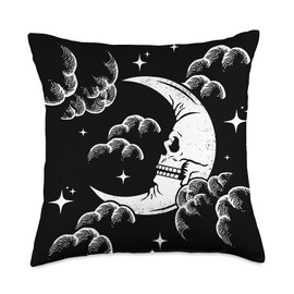 Ritual Moon Astrology Crescent Skull Moon, Night Sky w/Clouds and Stars Throw Pillow, 18x18, Multicolor