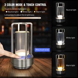 Keweis Cordless Table Lamp for Outdoor Indoor, Portable Rechargeable Battery Powered LED Crystal Lantern Lamp, 3 Color Touch Control Stepless Dimming, Small Desk Light for Restaurant Home (Silver)