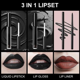 LOPHE 3Pcs Black Lip Kit Set | Matte Velvet Liquid Lipstick, Lip Gloss & Lip Liner | Waterproof, Long Lasting Makeup for Halloween, Christmas, Gothic & Cosplay | Gift Ready