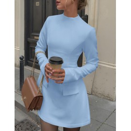 PRETTYGARDEN Women's Long Sleeve Mini Dress 2025 Fall Bodycon Mock Neck Elegant Business Work Party Short Dresses(Light Blue,Medium)