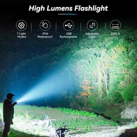 Rechargeable Flashlight, 2 Pack 900000 High Lumens Super Bright Flash Light, 7 Modes with COB Work Light, IPX6 Waterproof, Powerful Handheld LED Flashlights for Camping, Hiking