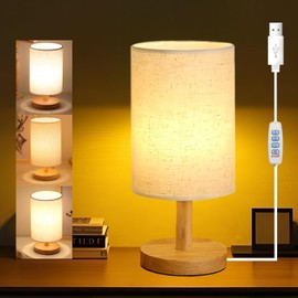 Table Lamp, 3 Colors Bedside Lamps Nightstand Lamp with White Fabric Shade Wooden Base for Living Room Bedroom, Minimalist Small Lamps for Children Room Decor, Mothers Day Gifts for Women Mum Kids