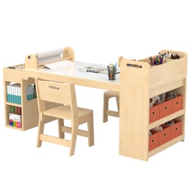 SFDOU White Surface 50.4inx 24in Kids Craft Table with 6 Portable Art Orange Fabric Dressers,Kids Art Table and Chair Set with Paper Roll Dispenser,Drawing with Large Storage Desk for Kids
