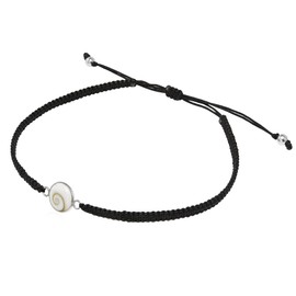 AeraVida Spiritual Eye of Shiva Shell Sterling Silver on Black Cotton Rope Adjustable Wrist Pull Bracelet