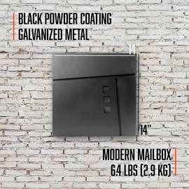 Modern Wall Mounted Outdoor Mailbox – 14" x 14" Black Galvanized Steel Mailbox with Newspaper Holder & 2 Security Keys for Package, Outside, Home and Office - Modern Mailbox by Ondor