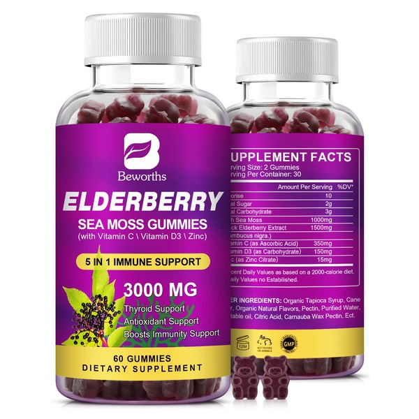 B BEWORTHS Black Elderberry Gummies & Sea Moss Gummy, Organic Sambucus Elderberry with Zinc and Vitamin C, D3, Multivitamin Gummy Immune & Thyroid Support Supplements for Adults & Kids - Vegan