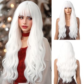 OUFEI Long Curly Wihte Wig With Bangs Natural Wavy Wigs for Women Natural Synthetic Hair Heat Resistant Wigs for Daily Party Cosplay Wear