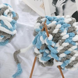 HOMBYS 8 Pack Giant Chunky Yarn for Crocheting,Super Bulky Large Soft Fluffy Yarn,Tie Dye Plush Fuzzy Yarn,Mixed Color Thick Chenille Yarn for Hand Knitting/Arm Knitting(Blue,Grey,White)