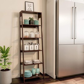 Lavish Home 5-Tier Ladder Bookcase - Freestanding Tiered Wood Bookshelf with Leaning Look - Decorative Shelves for Home and Office Storage (Brown)