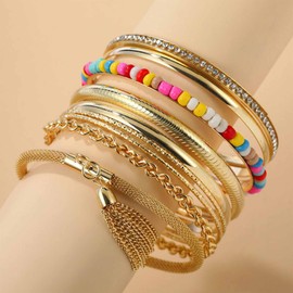 Yienate Boho Gold Bangle Bracelet Set Color Bead Tassels Multi Bangle Set Indian Wedding Dots Rhinestones Bangle Indian Bollywood Vintage Bangle Large Round Stacking Bracelet Jewelry for Women Girls