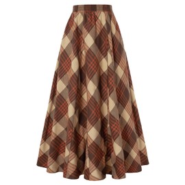 Women Long Plaid Skirt High Waist A Line Maxi Tartan Skirt Orange Plaid L