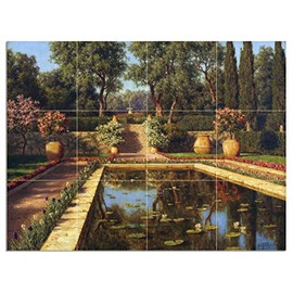 Tile Mural France Nice Landscape Garden Flowers Pond Fountain by Ivan Choultse Kitchen Bathroom Shower Wall Backsplash Splashback 4x3 4.25" Ceramic, Glossy