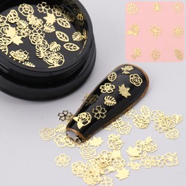 Gold Metal Nail Studs - 3D Glitter Flakes Decorations Set, Flowers Leaf Butterfly Geometry Design, DIY Nail Crafts Supplies