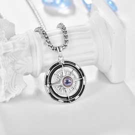 KINGWHYTE Compass Necklace Men's S925 Sterling Silver Compass Pendant Birthday Gifts Graduation Jewellery for Men Women, Sterling Silver, Cubic Zirconia