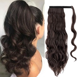 Silk-co Clip in Ponytail Hair Extension Brazilian Virgin Body Wave Wrap Around Synthetic Hair Ponytail 24Inch High Puff 100% Unprocessed Hairpiece for Women Dark Brown