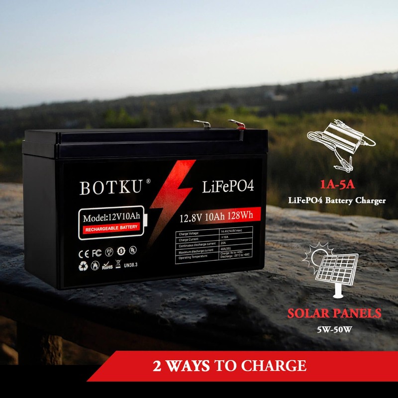 BOTKU 12V 10Ah Lithium LiFePO4 Deep Cycle Battery, 3000+ Cycle