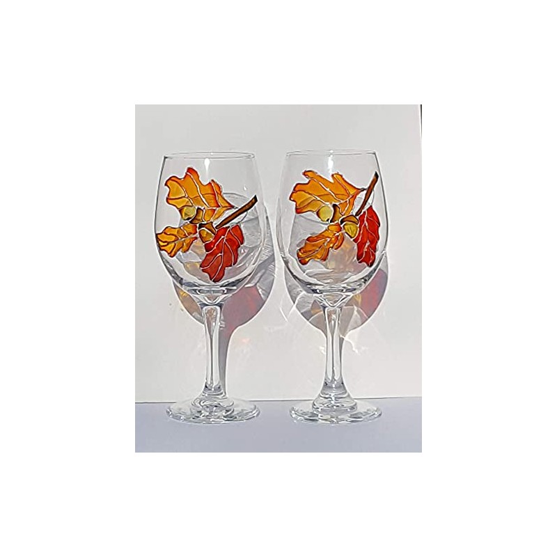 Oak Leaves Acorns Hand Painted Wine Glasses Set of 2