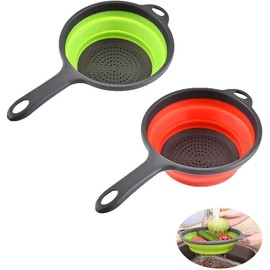 Collapsible Colander with Long Handle for Draining Pasta, Fruits and Vegetables – Space-Saving Folding Kitchen Strainer