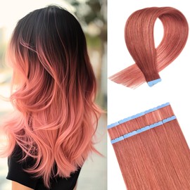 Rose Gold Pink Tape in Hair Extensions Human Hair Invisible Seamless Mini Tape in Real Human Hair Extensions Diy Hair Extensions for Women