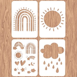 INFUNLY 4pcs Rainbow Wall Stencils for Painting Sun Cloud 11.7x8.3 Tile Stencil Set Reusable Plastic Wall Stencils Template for Painting on Wood Wall Furniture Floor Tiles Fabric DIY Home Decor