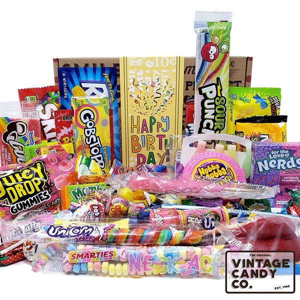 VINTAGE CANDY CO. HAPPY BIRTHDAY FUN CANDY CARE PACKAGE - Modern and Retro Candies Assortment Variety - GAG GIFT BASKET - PERFECT For Adults, College Student, Military, Teens, Man, Woman, Boy or Girl